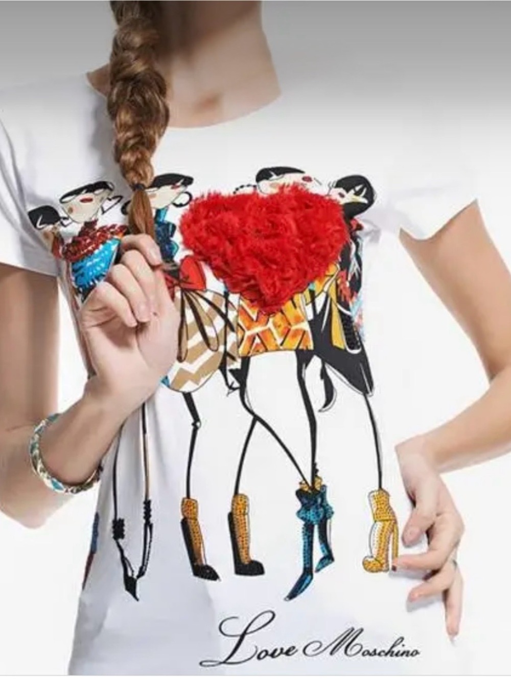 Love Moschino Sz 4 T-shirt White Tee Red Heart Top Mod Chic Colourful Designer